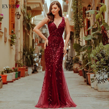 Burgundy V-Neck Mermaid Sequined Formal Dresses