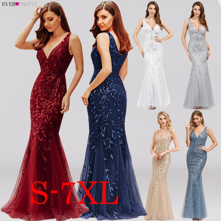 Burgundy V-Neck Mermaid Sequined Formal Dresses
