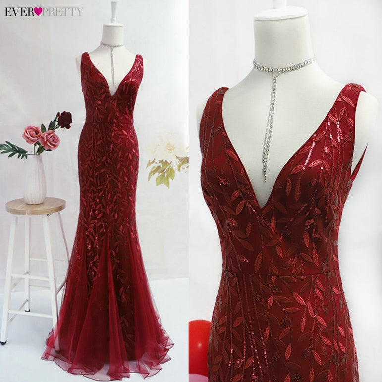 Burgundy V-Neck Mermaid Sequined Formal Dresses