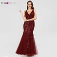 Burgundy V-Neck Mermaid Sequined Formal Dresses