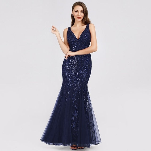 Burgundy V-Neck Mermaid Sequined Formal Dresses